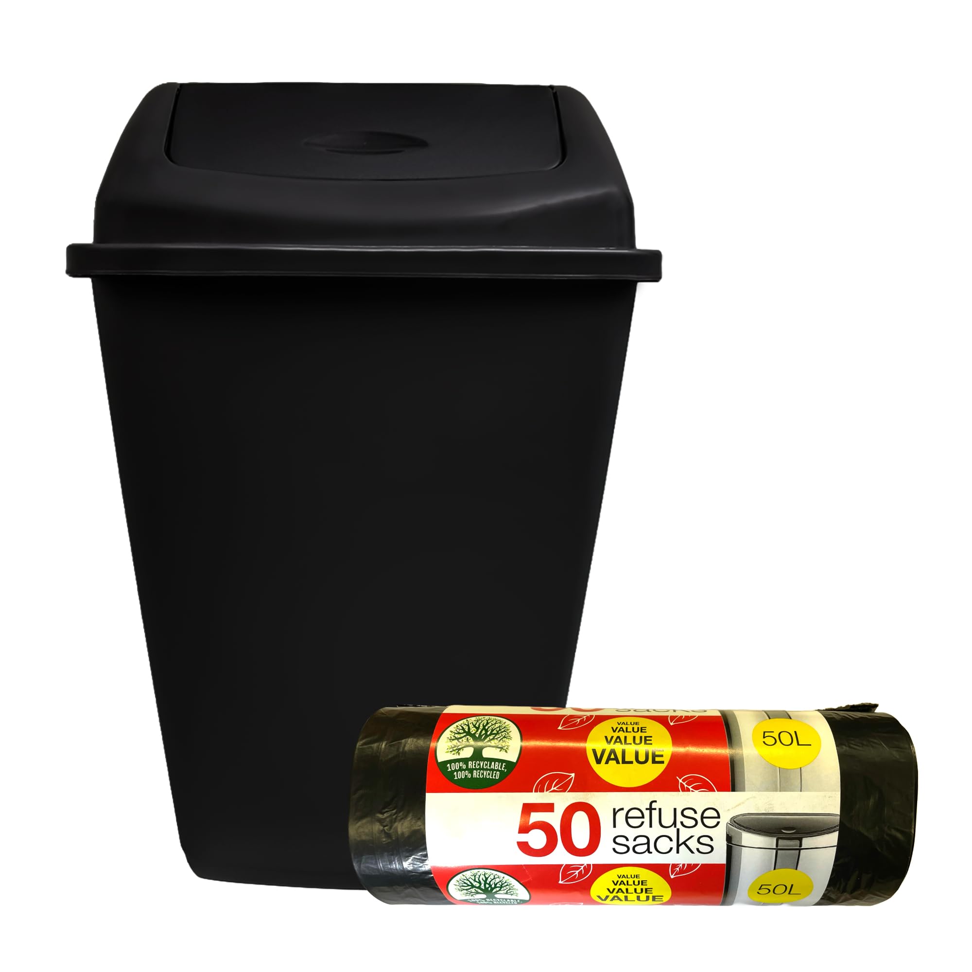 KMJ Large 50L Kitchen Bin with 50 Pack Bin Bags - Convenient & Durable Waste Bins with Swing Lid– Perfect Trash Bin for Kitchen, Office, Bathroom and Home– Space Saving Black Bins- Black 1 Pack
