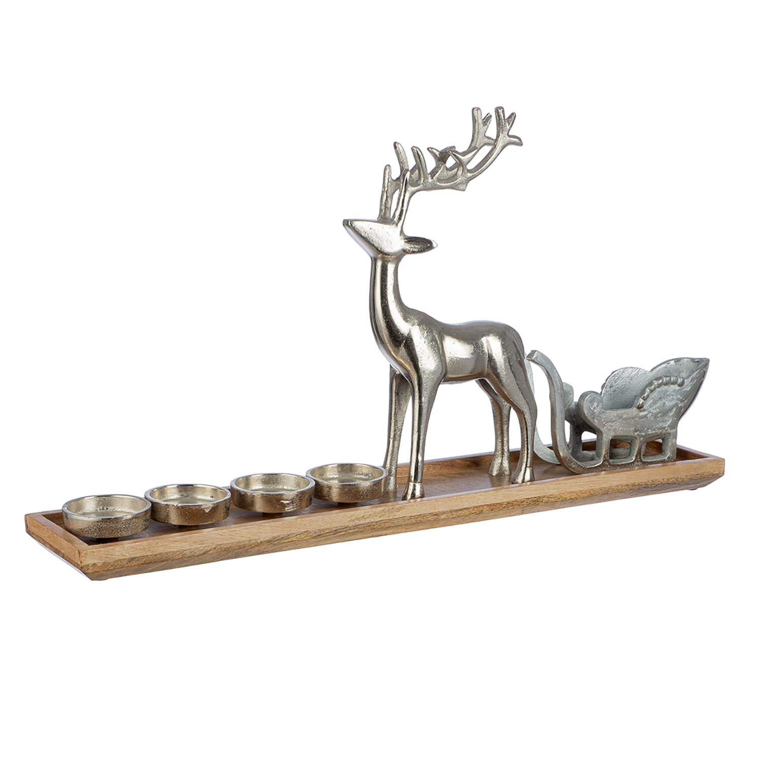 GILDE Deko großer Adventsleuchter XL – Advent Kranz Kerzen Halter modern – Adventkranz Deko Hirsch mit Schlitten – Leuchter für 4 Kerzen Farbe: Silber Braun Breite: 64 cm