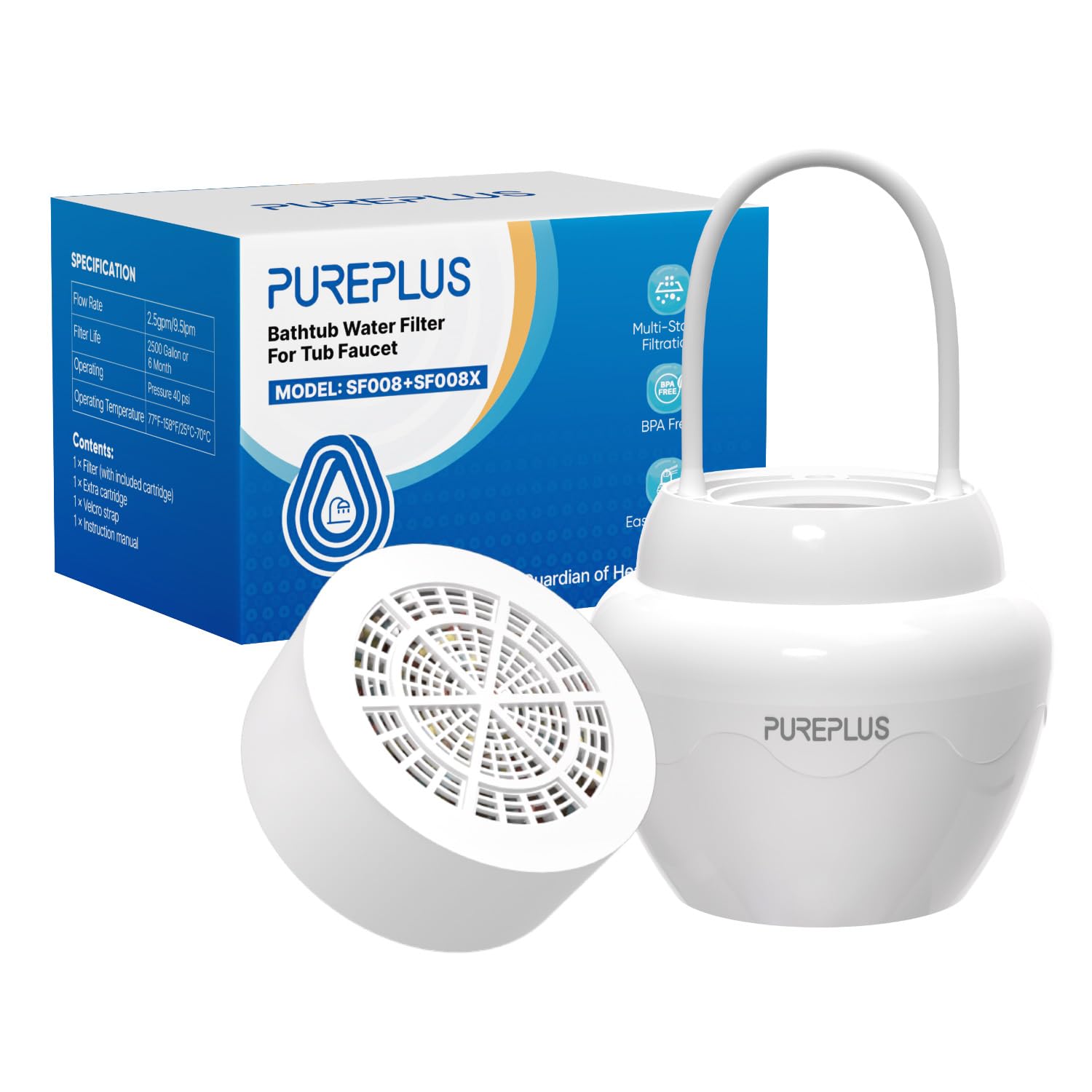 PUREPLUS Filtro dell'acqua per vasca da bagno, 8 fasi, filtro Kinder per vasca da bagno, bianco