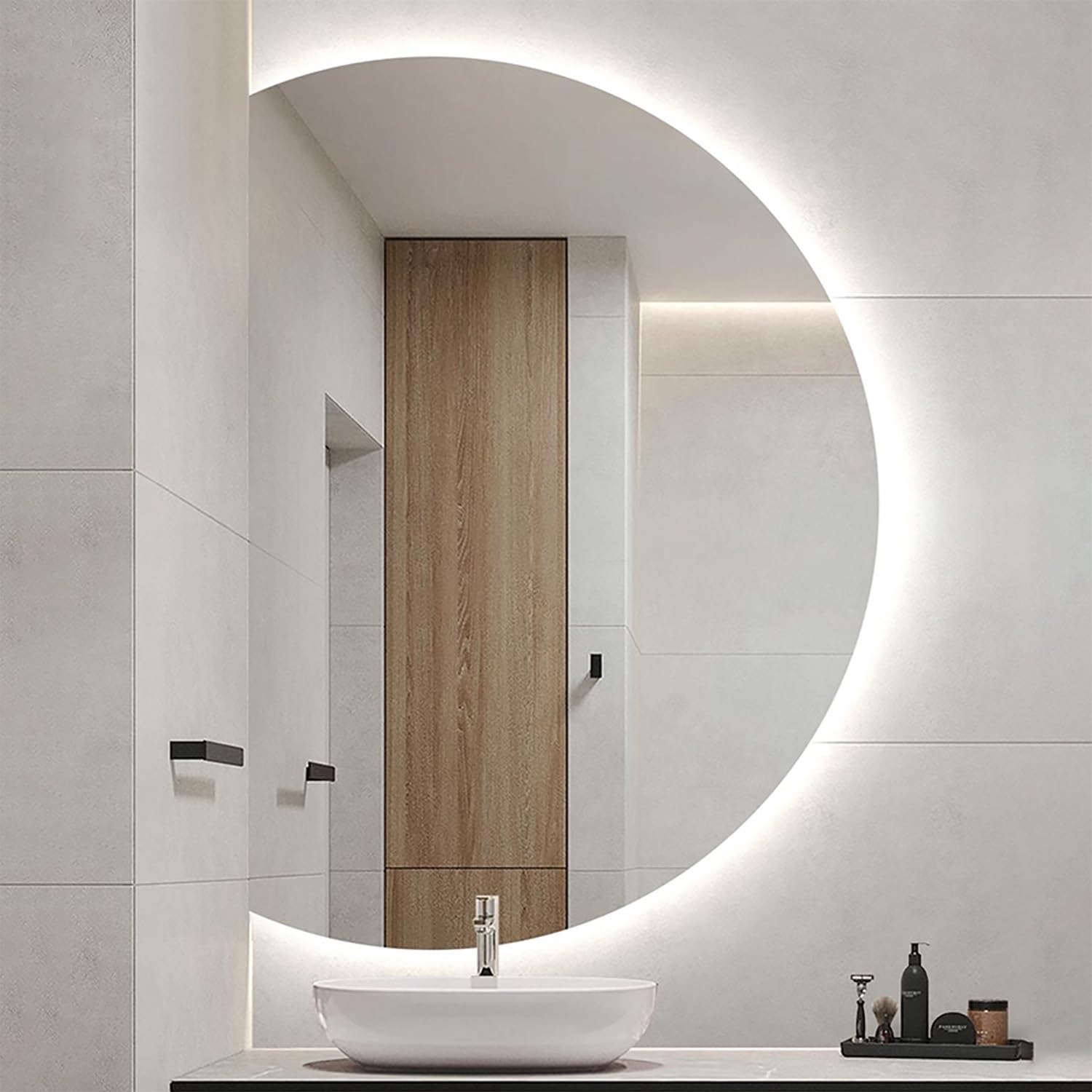 Podświetlane LED lustro toaletkowe, bezramowe, przeciwmgielne, okrągłe lustro ścienne, 3 kolory światła, 90 x 60 cm, idealne do dekoracji domu, łazienki i garderoby