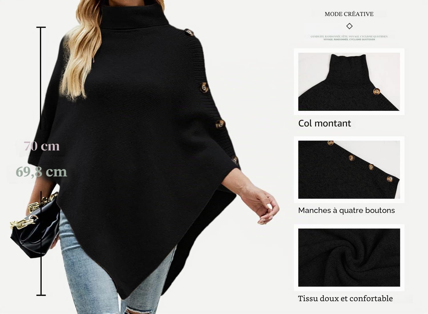 JFAN Poncho Femme Pull en Tricot à col Montant Quatre Boutons | Ponchos et Capes Hiver Élégant, Châle Femme Chaud, Châle Hiver Automne