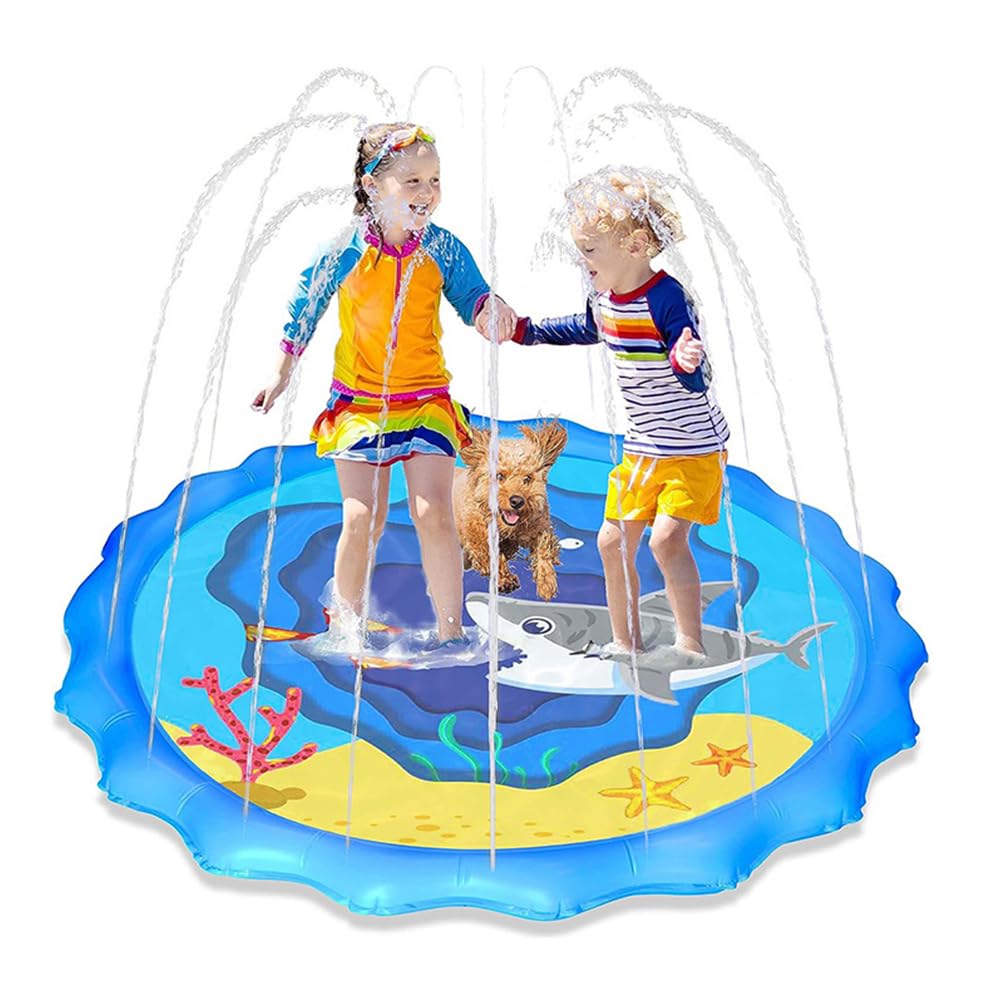 Nzkeuf 170cm/67in Splash Pad for Kids and Dogs, Dog Paddling Pool, Foldable Outdoor Sprinkler Play Mat, Inflatable Foldable Non-Slip Splash Pad for Summer Garden Beach Backyard, Boy Girls Pet