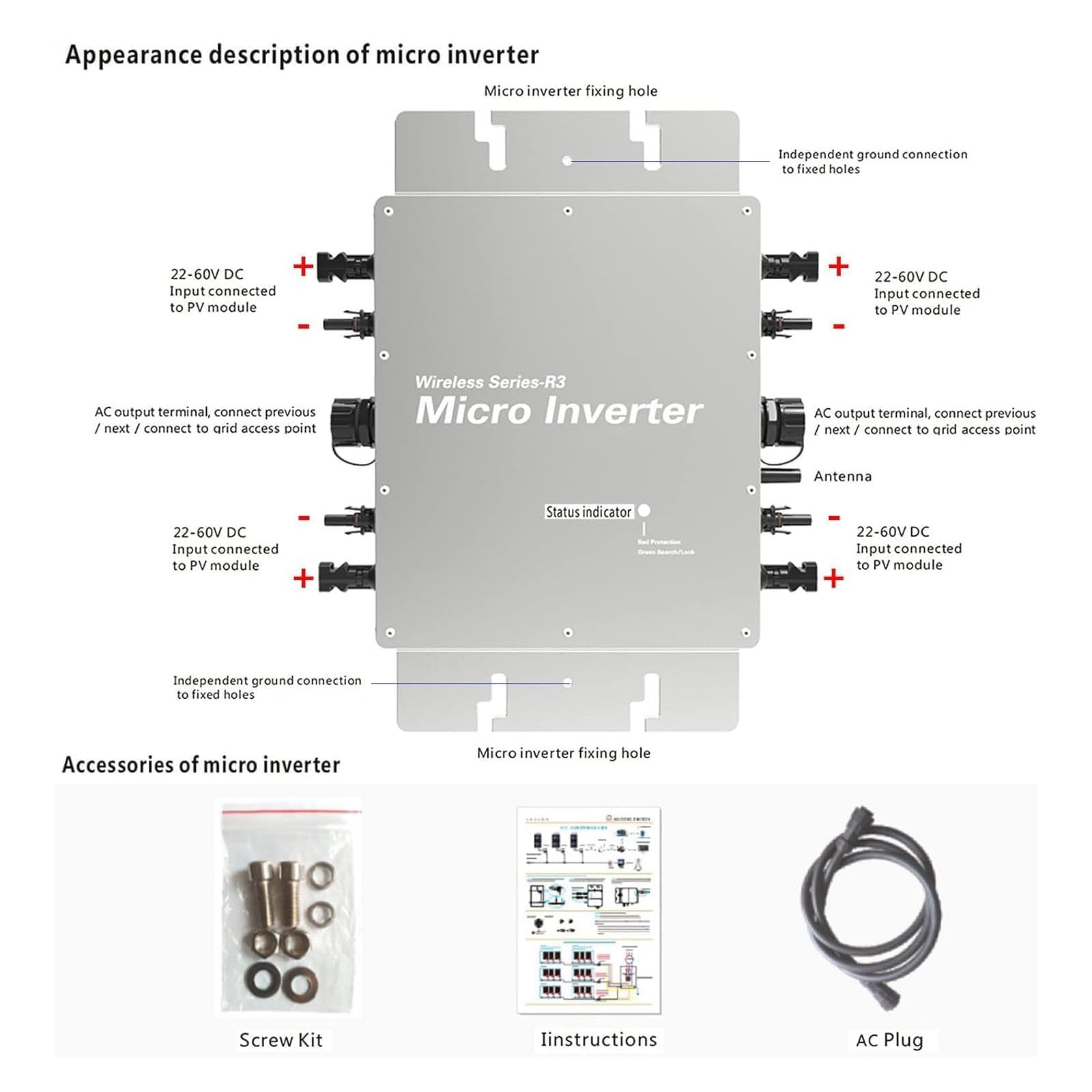 Micro-onduleur MPPT 1600 W, Micro-onduleur Solaire, contrôle WiFi, Auto-Refroidissement, DC22-60 V à AC120-230 V, onduleurs, étanche IP65 pour Toit extérieur, onduleur à Onde sinusoïdale