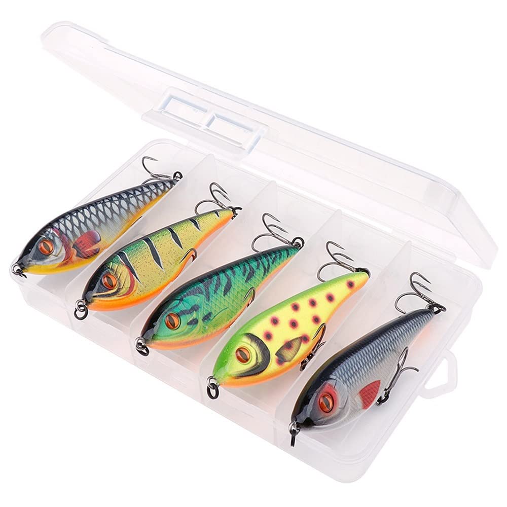 HUFFA Juego de 5 señuelos de Pesca Jerkbait, señuelos Wobblers Que se Hunden, señuelos for lucios, cebos Artificiales Jerkbait, Aparejos de Pesca de lubina con Caja