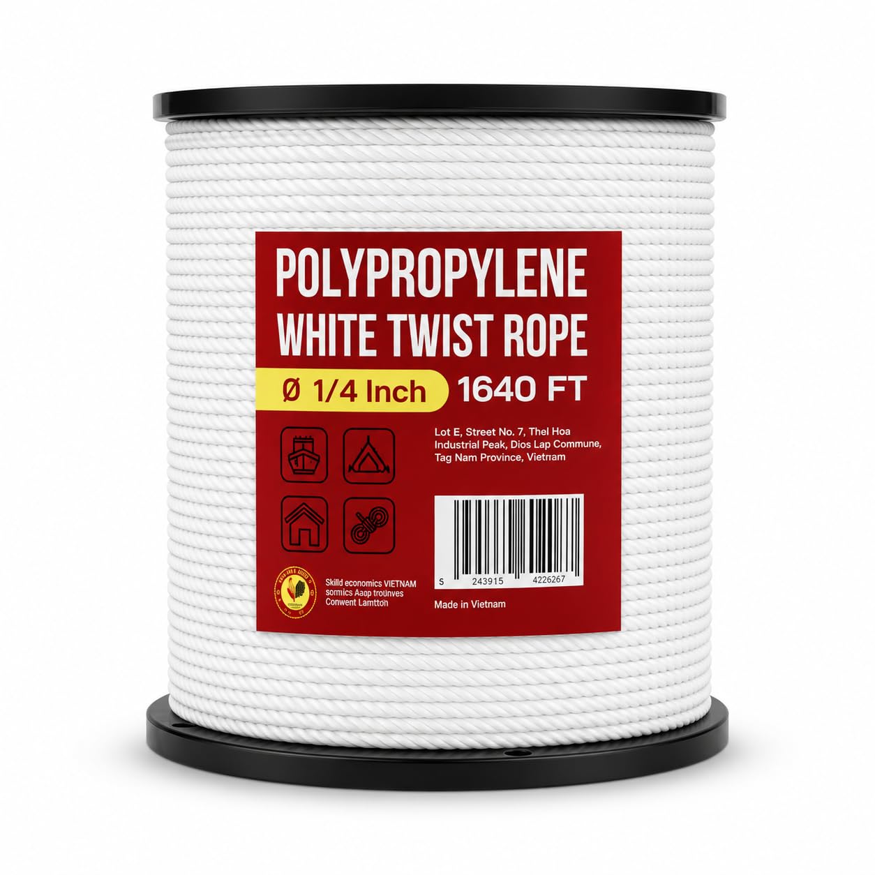 Heavy Duty PP/Polyester/Nylon Rope on Spool, White, 1/4inX1640FT