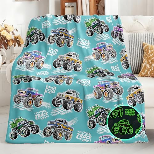 Image of Truck Glow in The Dark Blanket Truck Toys Gifts for Kids Boys Girls Teens Age 1-16 Years Old Child Birthday Christmas Halloween Excavator Construction Tractor Car Throw Bedroom Decor Blue 50 inchx 60 inch