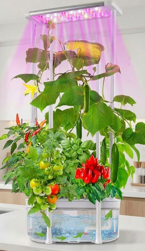 eSuperegrow Hydroponics Growing System,Smart Hydroponic Gardening System with LED Grow Light,Indoor Garden Hydroponic Herb Grow Kit with Climbing Trellis for Short Tomato,Basil,Pepper,Cucumber