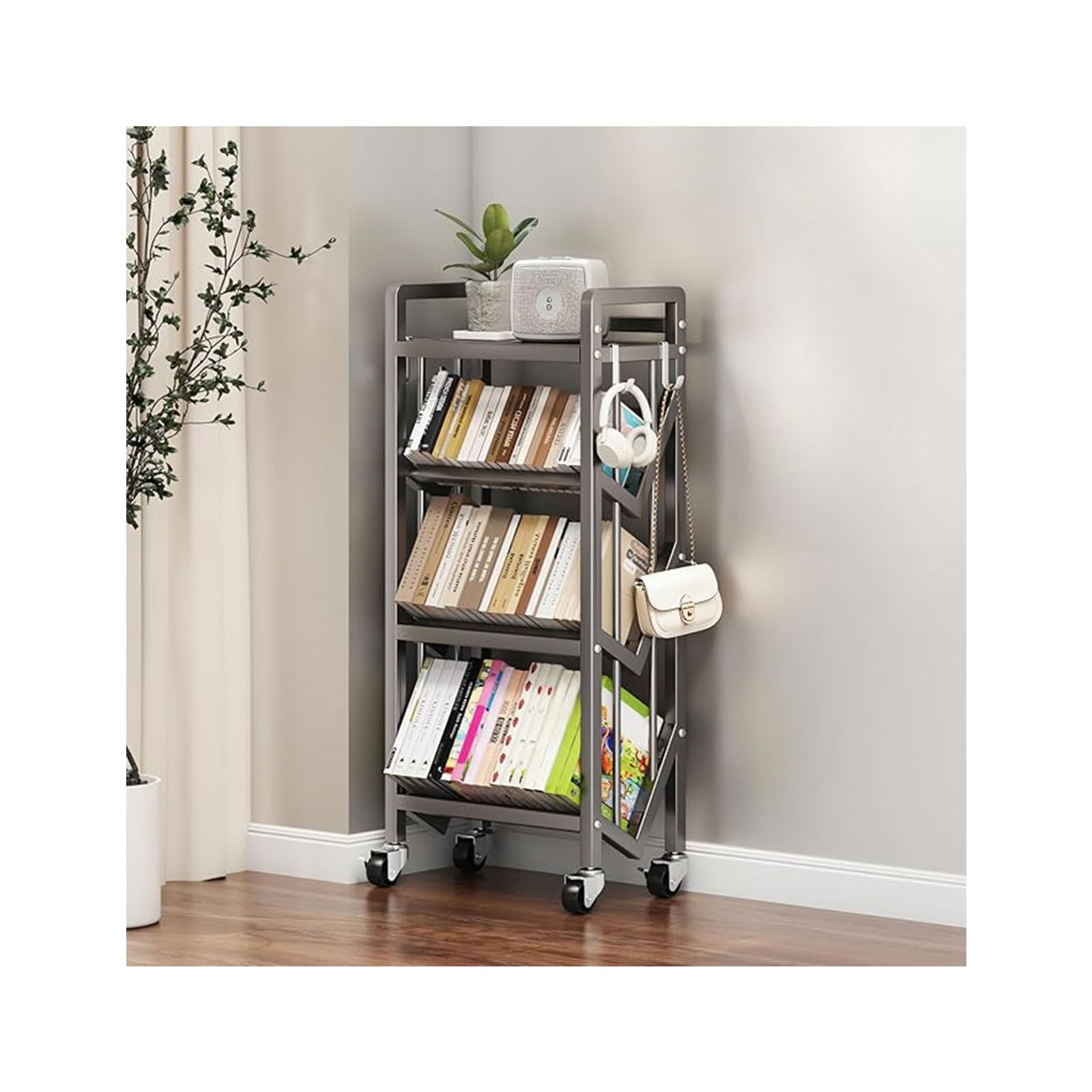 Book Carts with Wheels, Library Rolling Book Cart 2/3/4/5 Tier Movable Bookshelf Mobile Large Capacity L-Shaped Carbon Steel Organizer Rack for Office, Home, Classroom(Gris,4 Tiers-19.7x9.8x46.5in)