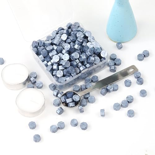 Miniatura 2 de Juego de 300 cuentas de cera de sellado azul gris para sello de cera con velas y cuchara de fusión, perfecto para tarjetas de Navidad, sobres,