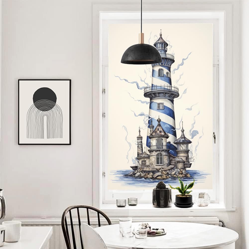 Gorgeous Lighthouse Window Privacy Film Vintage Ocean Blue Stripe Beacon Stained Glass Window Film Decorative Window Cling for Home Window&Glass Door, Sun Blocking 35.4Wx63L