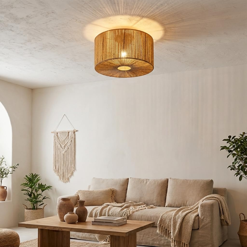 Alpinaluz Plafón de Techo YUTORA Ø40 cm, Lámpara Artesanal de Cuerda de Yute Beige con Estructura de Acero para Salón, Dormitorio y Entrada, Estilo Rústico Boho, Luz Suave y Acogedora