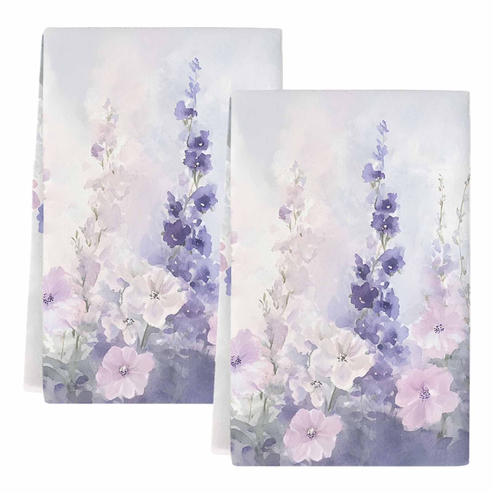 Kitchen Towels Set of 2, Lavender Soft Microfiber Dish Towels, Pastoral Pastel Purple Pink Wildflower Absorbent Quick-Dry Washable Dishcloths for Kitchen Cleaning, Drying Dishes, 18x28 Inches