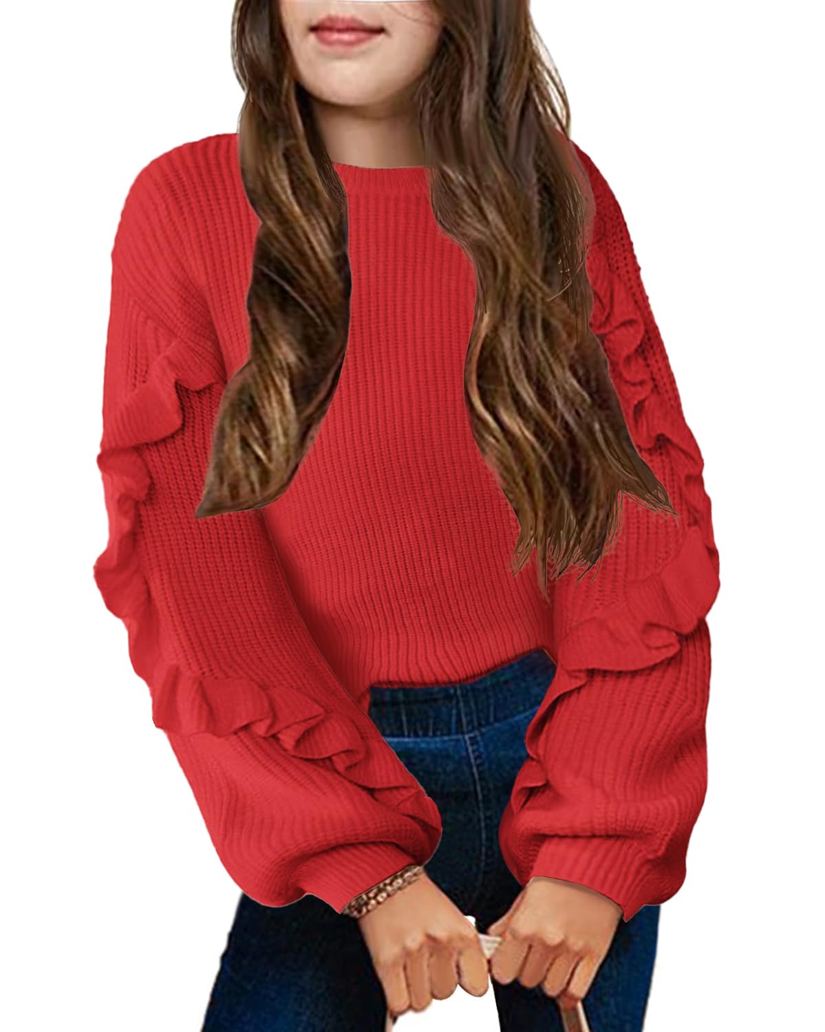 ArshinerGirls Long Lantern Sleeve Sweaters Crew Neck Knit Pullover Jumper Top
