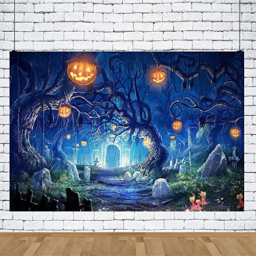 Aibiin 7X5Ft Blue Happy Halloween Photo Backdrop Scary Forest Halloween Backdrops For Photography Fall Pumpkin Horror Cats Tomb Building Halloween Decorations Background Cake Smash Banner Studio Props #TOP5