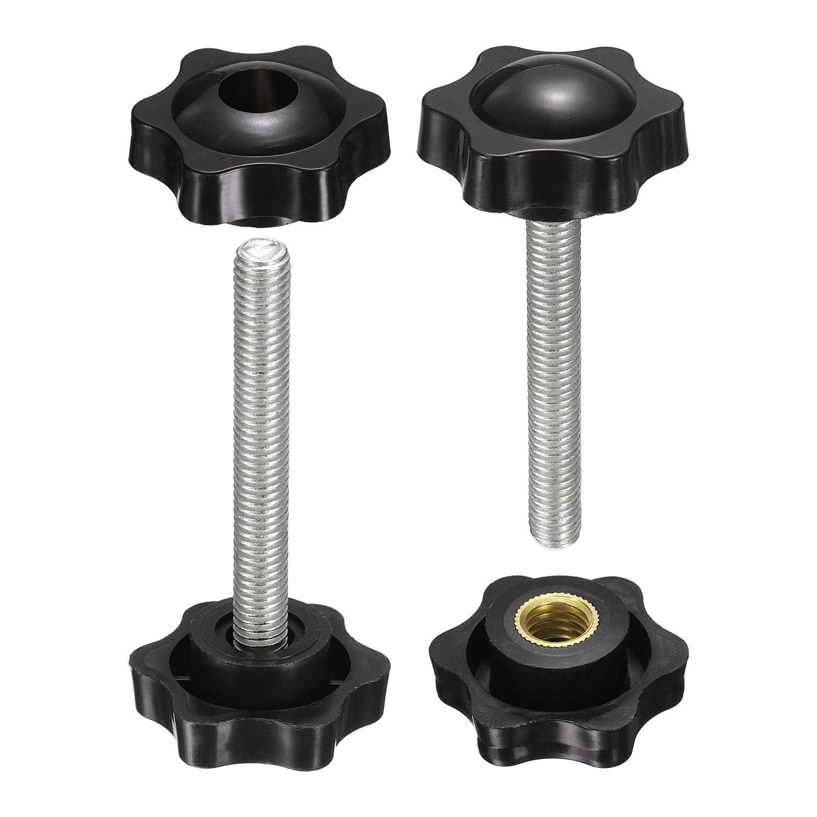 sourcing map 2 Set Star Knobs M8 x 55mm Male + M8 Female Thread 38mm Head Metric 6-Star Threaded Stud Clamping Handles Screw in Through Hole Hand Jig Knob Thumb Screws, Black โ image 1