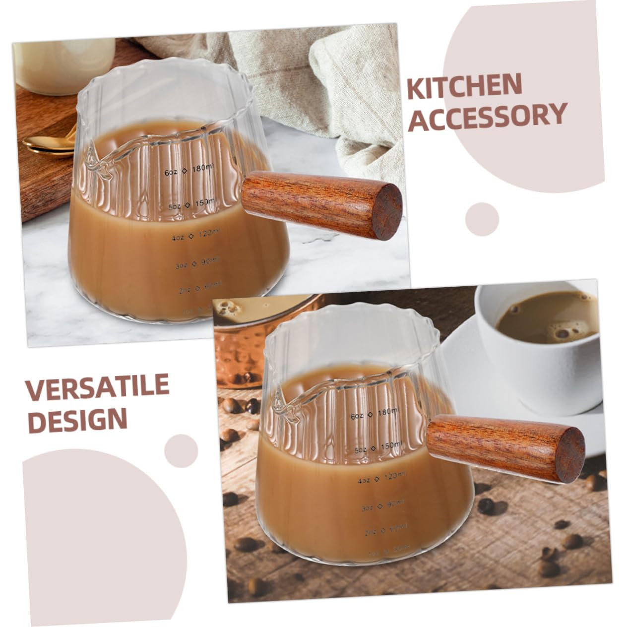 2 piezas Jarras Medidoras para Leche con Mango de Madera Vaso Pequeño para Espresso y Medidor Multifuncional para Cocina Transparente