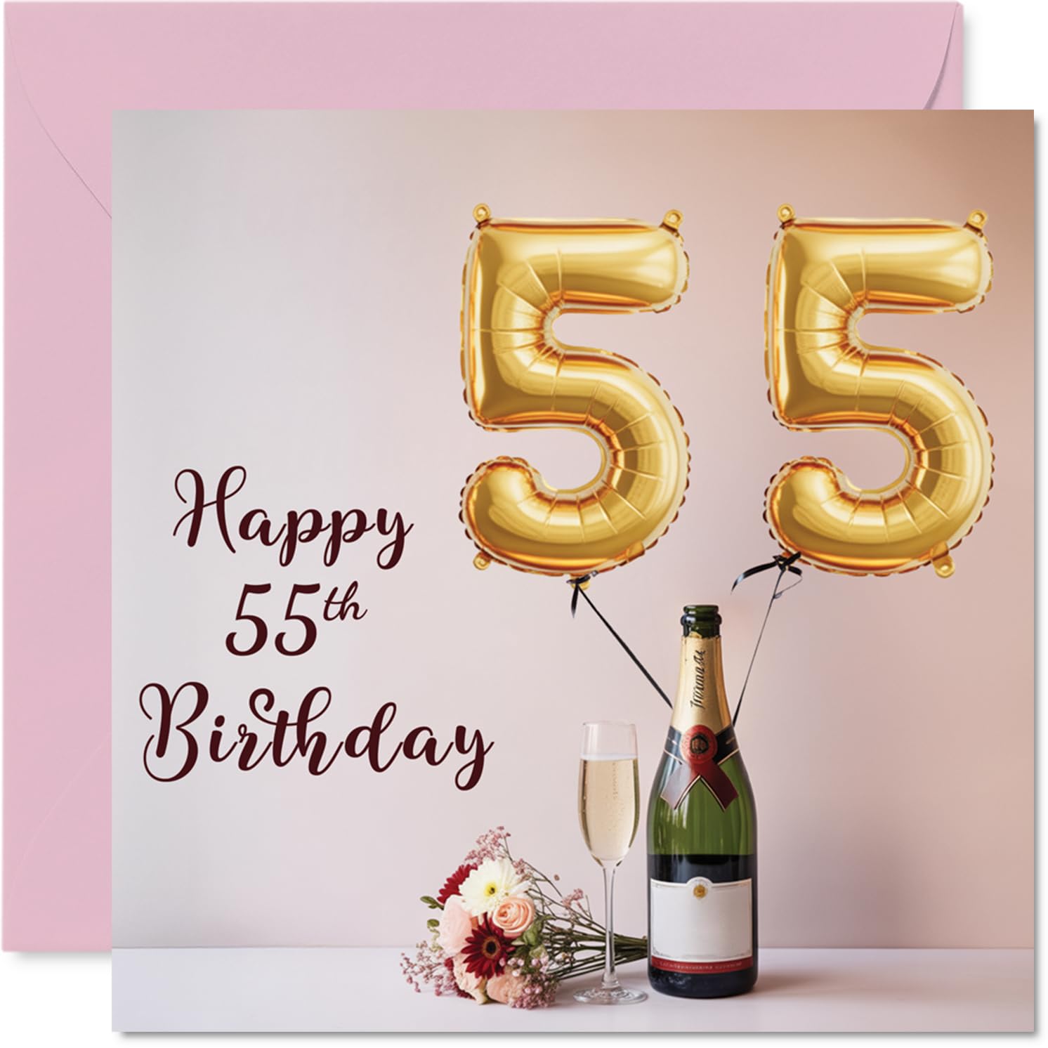 55th Birthday Cards for Women and Men, Balloons & A Bottle of Bubbly