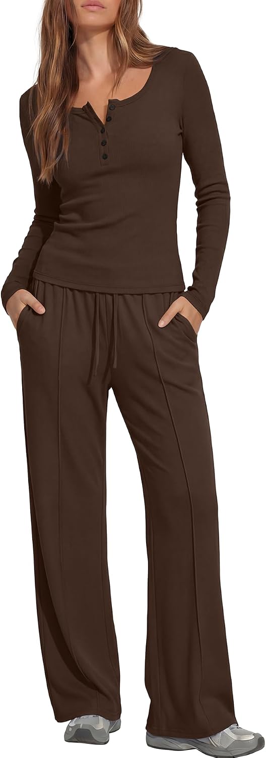 Darong Womens 2 Piece Matching Lounge Sets Travel Outfits | Long sleeve henley shirts,ribbed knit,wide leg pants,airport outfit, side pockets, 2 piece sweatsuits