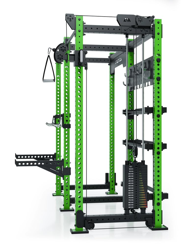 ATLETICA R8 Falcon R | Electric Green | Kompaktowy stojak Power Rack z linką | blok obciążeniowy 95 kg i kompletny system przechowywania – idealny do studia i treningu osobistego