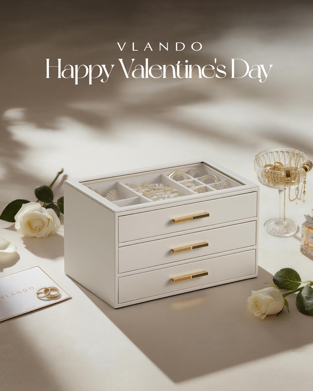 Vlando Jewelry Box for Women, Glass Lid Jewelry Organizer with 3 Drawers for Necklaces Rings Earrings Bracelets Mother Day Gift for Mom - Cloud White