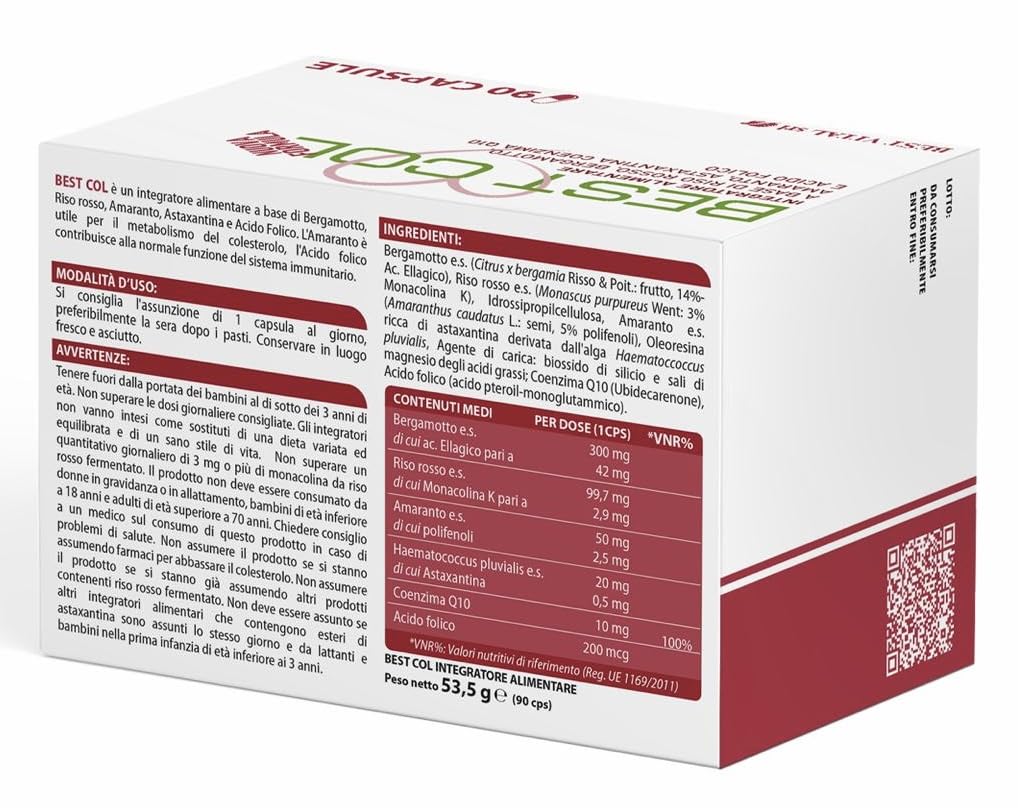 Best Col Nuova Formula - Integratore Alimentare a Base di Bergamotto, Amaranto, Astaxantina, Coenzima Q-10, Riso Rosso e Acido Folico. 90 Capsule