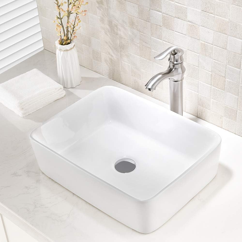 19 Inch Bathroom vessel Sink and Faucet Combo - VOKIM 19" x15"Artistic Porcelain Ceramic Vessel Sink Basin Washing Bowl Set, Cabinet Countertop Sink with Brushed Nickel Faucet Pop-up Drain