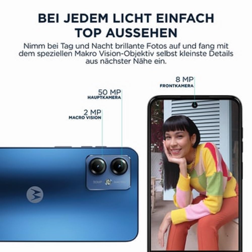 Motorola moto g14 (8/256 GB espandibile, Doppia fotocamera 50MP, Display 6.5" FHD+, Unisoc T616, batteria 5000 mAh, Dual SIM, Android 13, Cover Inclusa), Blu (Blue)