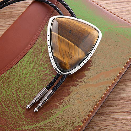 Tochispa Brown Bolo Tie,Handmade Western Cowboy Tiangle Tiger Eye Stone Leather Silver Alloy Tips Necktie (Tiger Eye Stone Triangle Bolo Tie) #TOP3