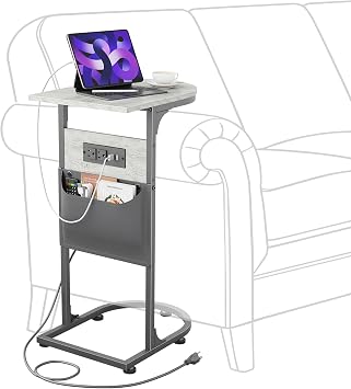 C Shaped End Table with Charging Station, Small Side Table for Couch, C Table Slides Under Sofa with Storage Bag, TV Tray Table for Recliner, Living Room, Bedside, Bedroom, Small Spaces, Greige