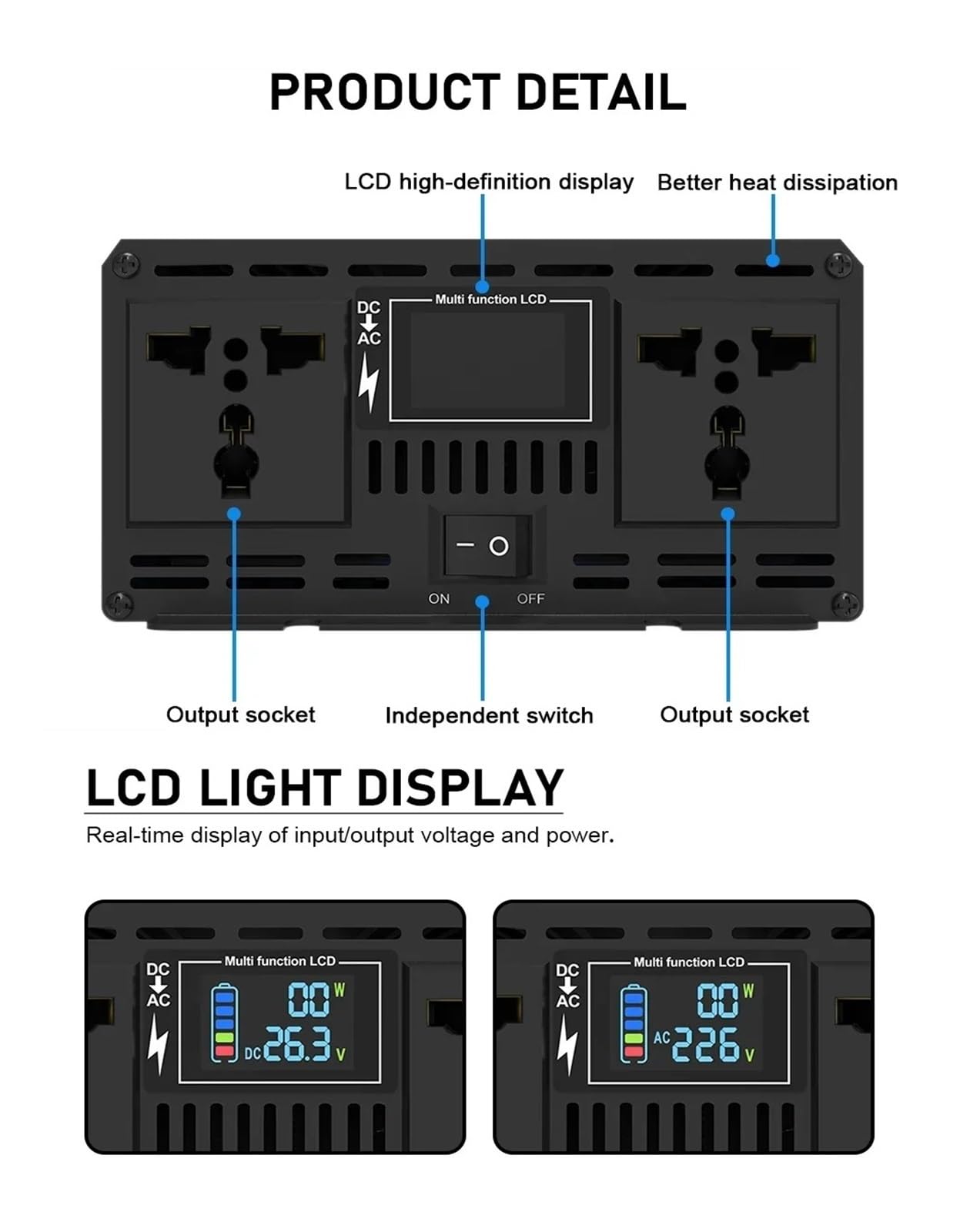 Inversor Onda Sinusoidal Inteligente 900 W/1500 W Entrada 12 V/24 V Salida 220 V 50 Hz Protección Múltiple Carcasa Metálica Salida USB(24V,100-120V,1200w Inverter)