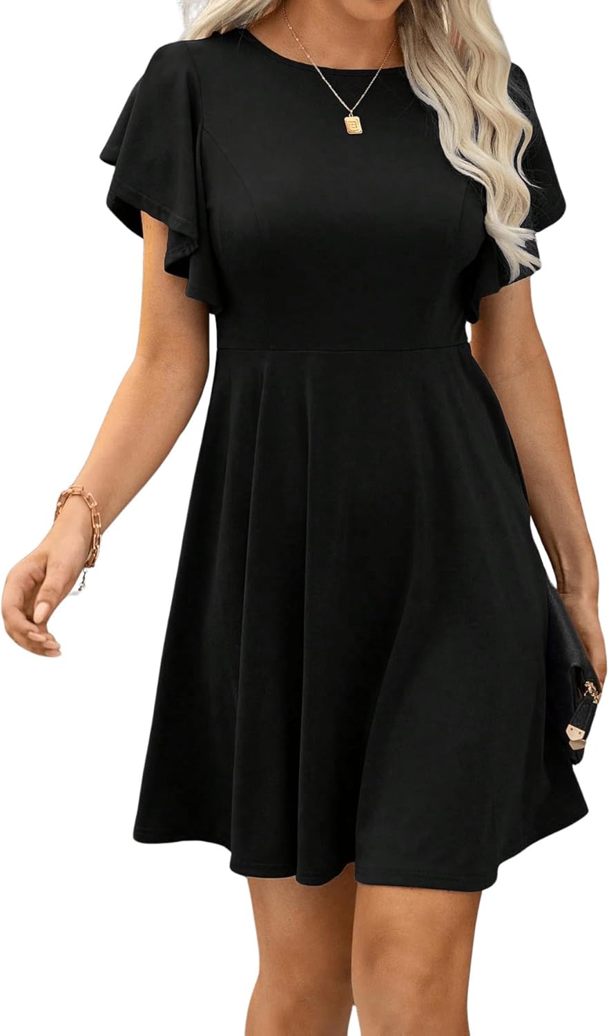 GORGLITTER Women’s Ruffle Swing Flared Mini Dress Round Neck Cap Sleeve Plain Casual Short Dress