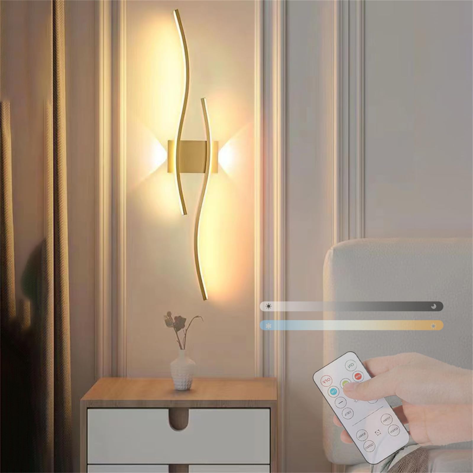 LED Wall Lamp Dimmable with Remote Control Wall Sconces Indoor 3 Colors 2700K-6500K Wall Lights Modern Curved Wave Brightness 10%-100% Wall Lighting Acrylic Design for Bedroom Hallway (Gold,100cm)