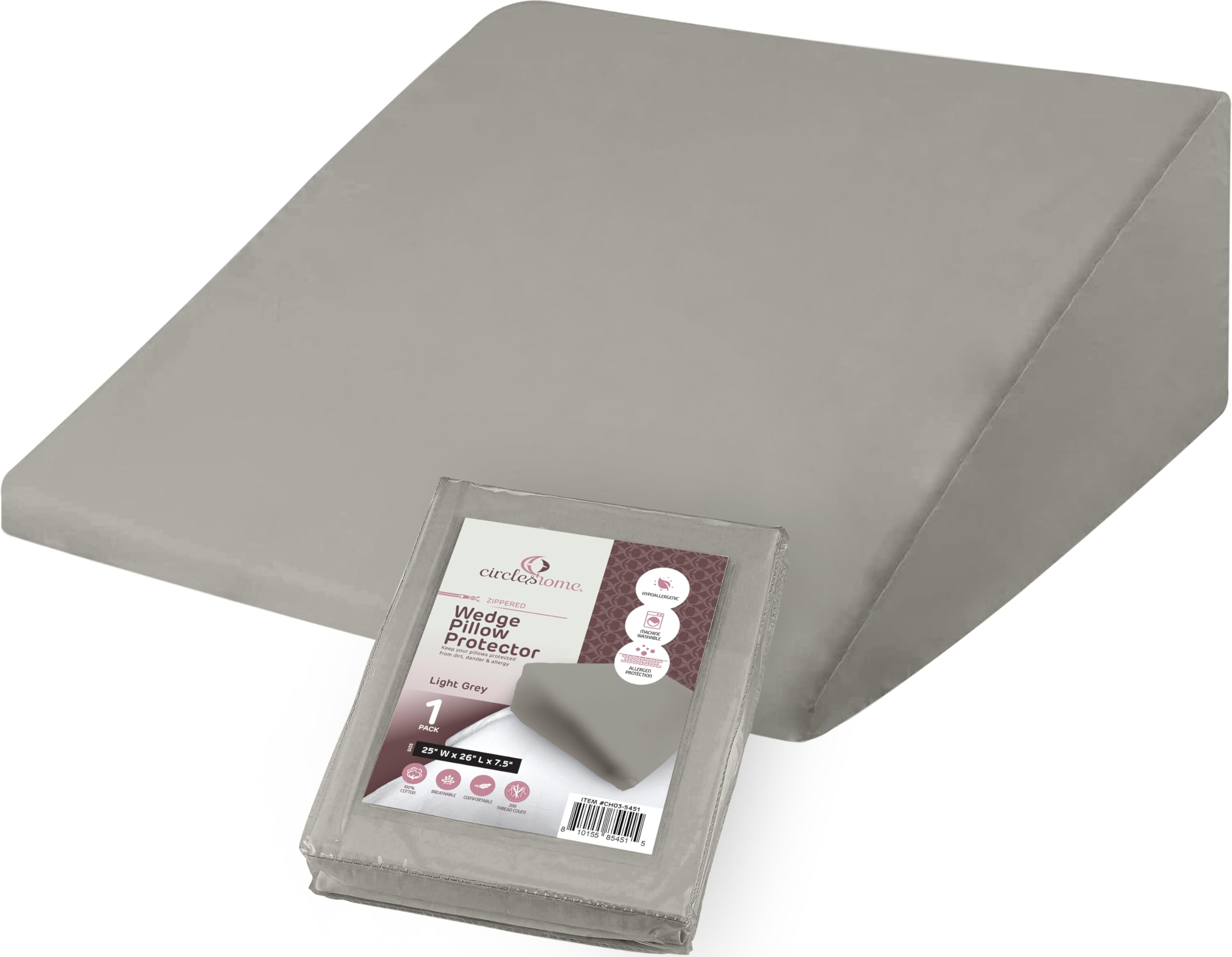 CirclesHome Wedge Pillow Cover 100% Cotton, Zippered Wedge Pillow Case Protector, Soft, Hypoallergenic & Breathable -, Light Grey, (25Wx26Lx7.5)