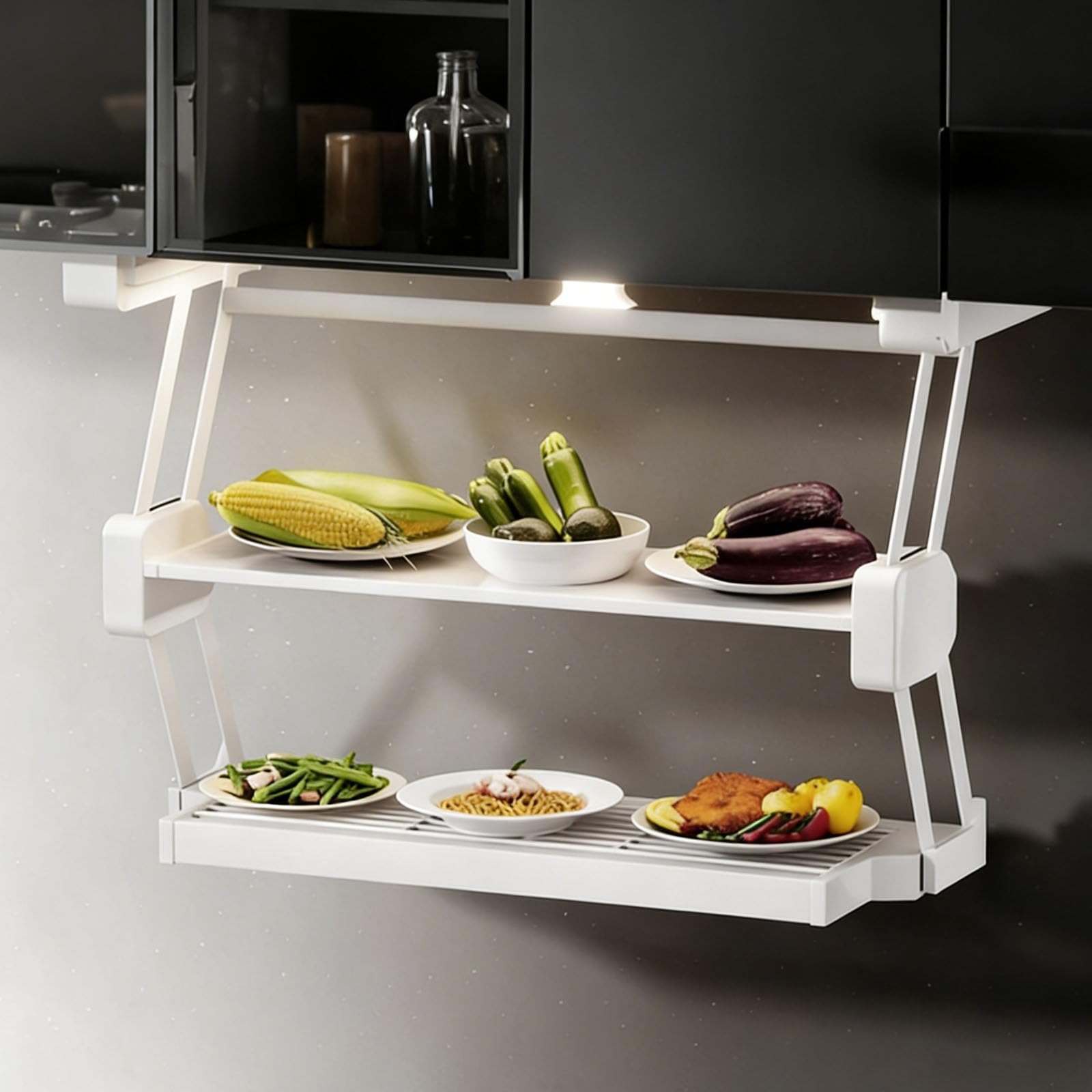 Cabinet Drop Down Shelf Pull-Down Double-Layer Lifting Storage Rack Hidden Pull-Down Storage Saves Internal Space Easy To Install Suitable for Kitchens and Bathrooms white 510mm/20in
