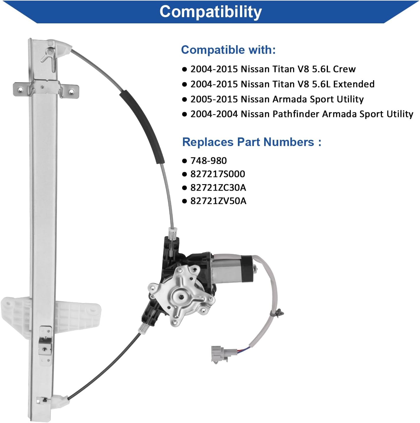 Obaee 748-980 Rear Left Driver Side Power Window Motor and Regulator Assembly Compatible with Nissan Armada 2005-2015/ Nissan Titan 2004-2015/ Nissan Pathfinder Armada 2004, Replace OE 827217S000
