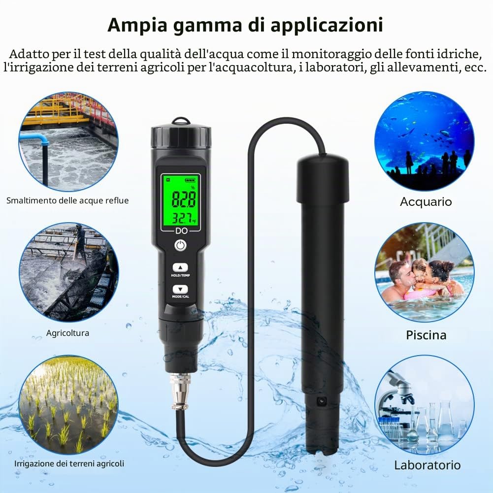 Jadeshay Misuratore di Ossigeno Disciolto Digitale,Tester Acqua IP67 Impermeabile con Cavo Sonda Elettrodo da 1,15 Metri Intervallo 0,0-30,0 MG/L LCD Digitale per Stagni Acquari Acquacoltura