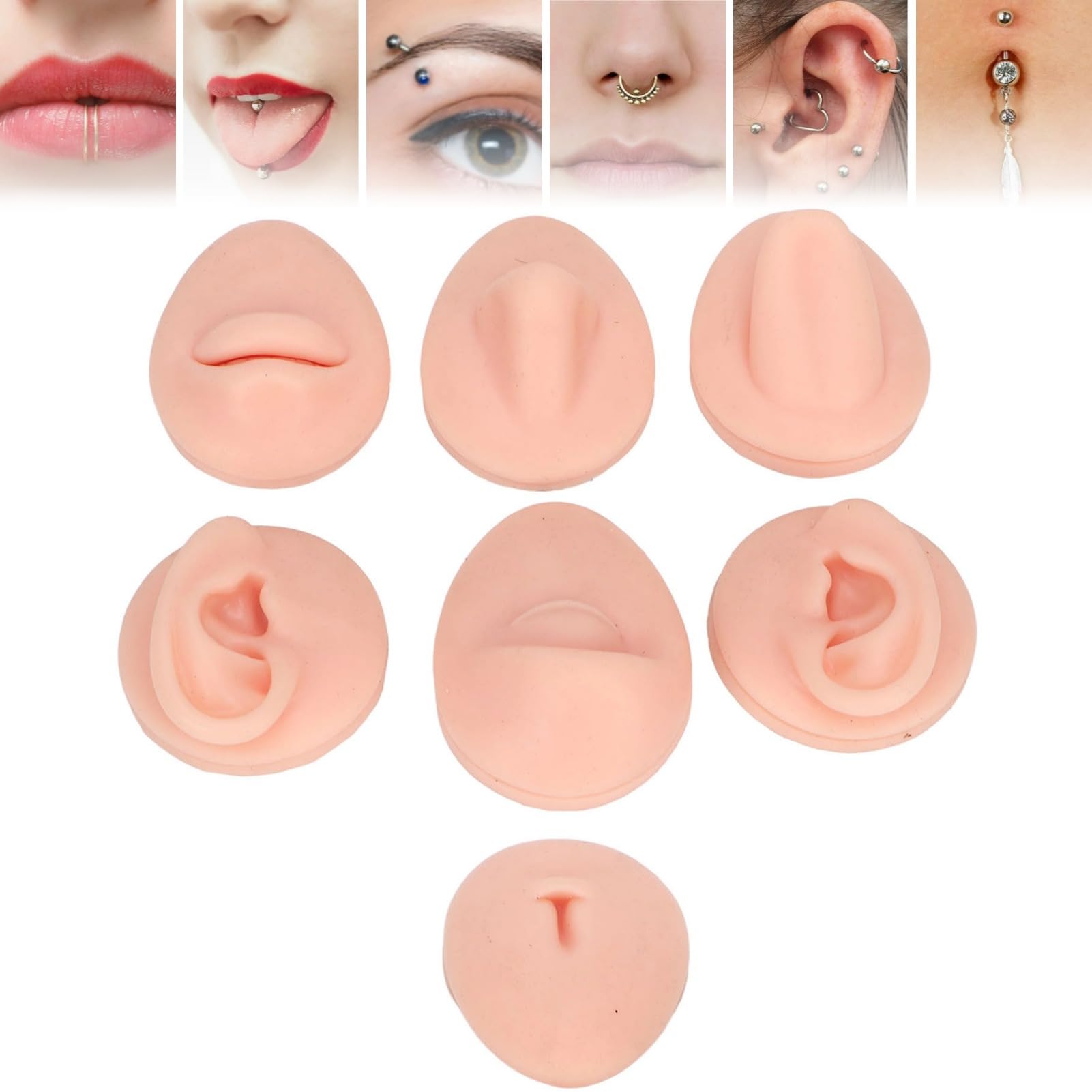 Silicone Piercing Model, 7PCS Body Part Displays Set 3D Flexible Simulation Tongue Mouth Nose Eye Navel Ear Model for Piercing Practice and Jewelry Display Teaching Tool (Light Skin Color)