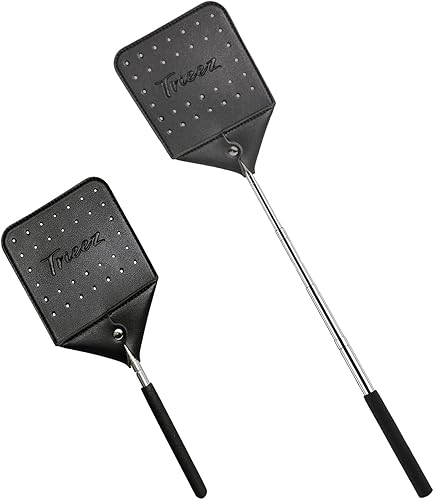 Trieez Matamoscas largo, matamoscas de cuero resistente, matamoscas telescópico de alta resistencia con mango de acero inoxidable duradero,