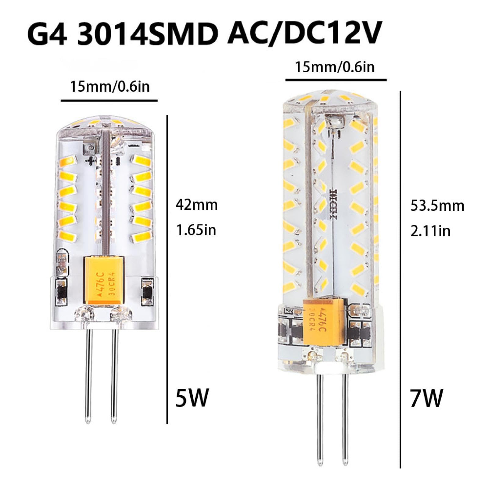 Ampoule LED G4 5W à culot à deux broches sans scintillement 6000 K lumière du jour AC/DC 12V 7W T3 G4 à culot à deux broches en silicone pour éclairage domestique 5PC 7W-blanc chaud