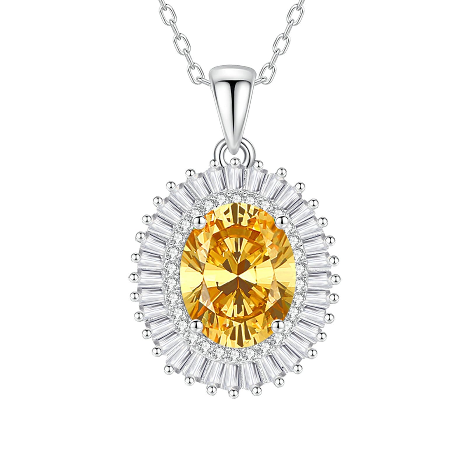 9K Weißgold Anhänger Halskette, Citrin 3ct Ovaler Statement Kette Damen Hochzeit Echt Gold AU375
