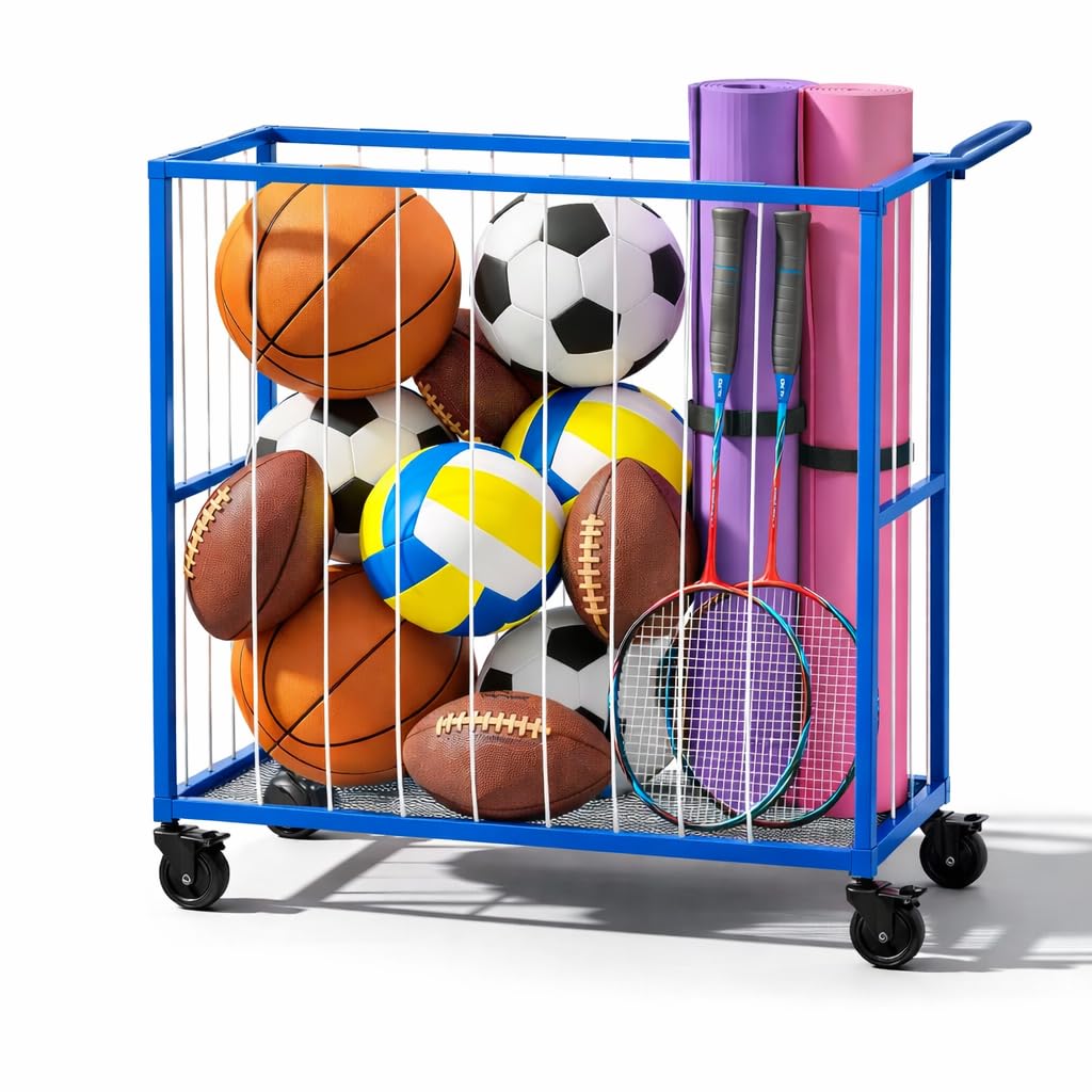 56264 Ball Storage Bin Rolling Sports Ball Cart, Metal Garage Organizer Sport Rack, Ball Basket Storage, Ball Cage for Garage or Gym, Indoor & Outdoor Sports Equipment Organizer - Blue-image-14