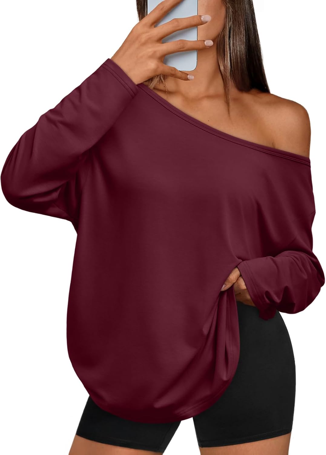 Trendy Queen Womens Off The Shoulder Tops Oversized Tshirts Long Sleeve 2026 Casual Basic Tees