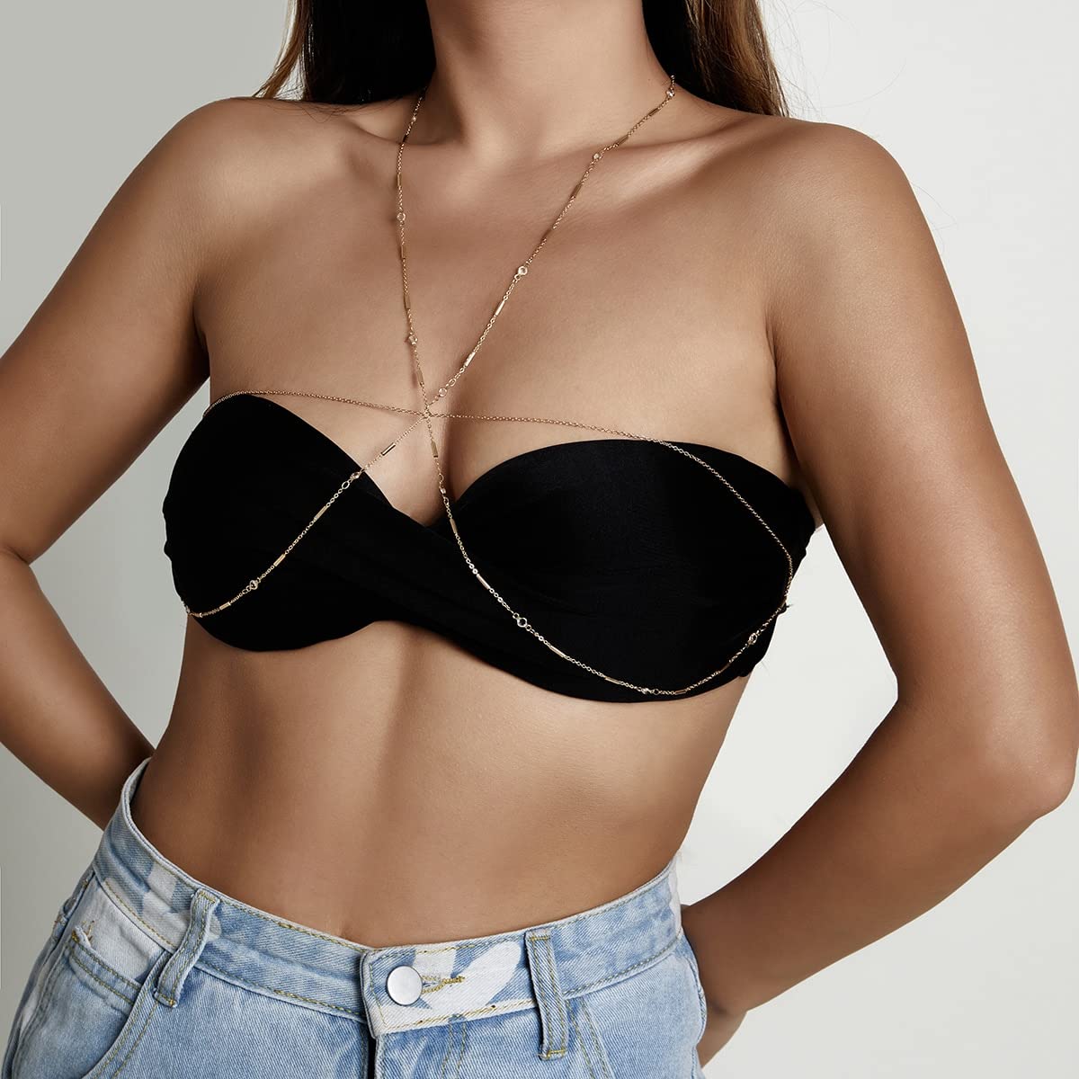 RWRAPS Joyas para el Cuerpo Sexy Crystal Cross Bikini Chest Chain para Mujeres Sujetador Simple Arnés Lencería Festival Regalo Fiesta (Goldcolor)