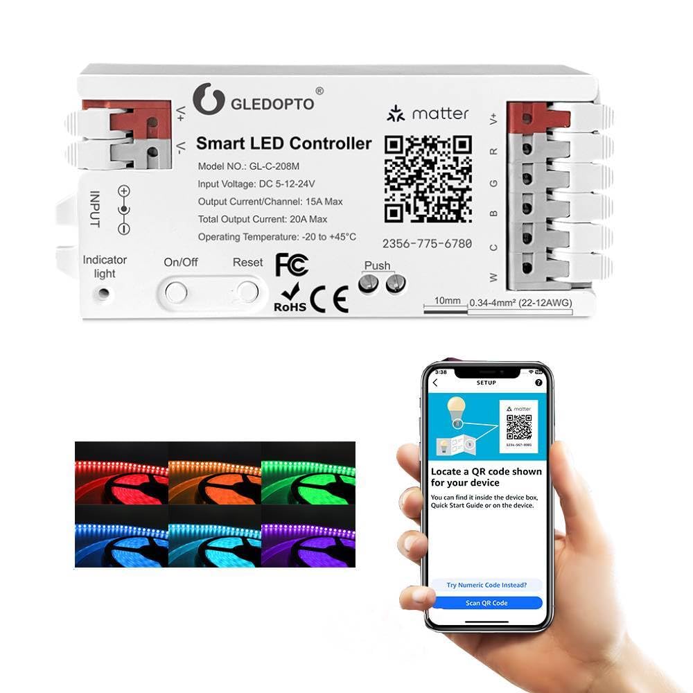 Matter LED Controller RGBCCT PWM Dimming ACK Alexa Connect Work with Matter Echo Device APP Voice Control 20A Max for RGBCCT Strip Light (Matter Hub Require)