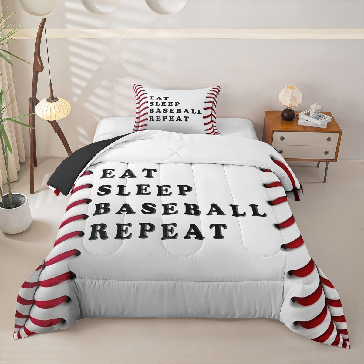 Feelyou Baseball Comforter Set Twin Size Ball Pattern Bedding Set for Kids Boys Girls Eat Sleep Sports Theme Duvet Quilt Bedroom Decor Microfiber 2 Pcs with 1 Pillow Case