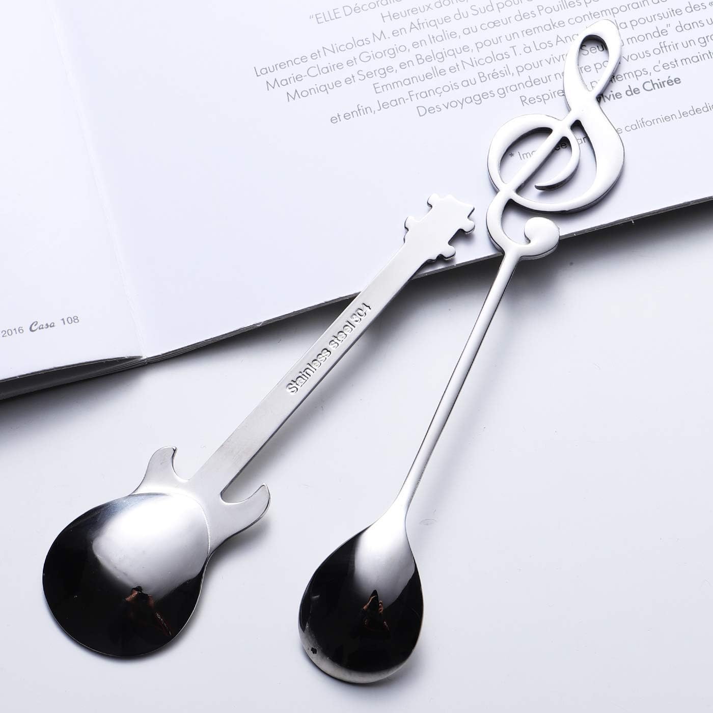 IRONX Music Note and Guitar Spoons Set - 6-Pack Creative Cute Teaspoons, 18/10 Stainless Steel Staff Musical Notation Shaped Coffee Spoons (3 Music Note + 3 Guitar)