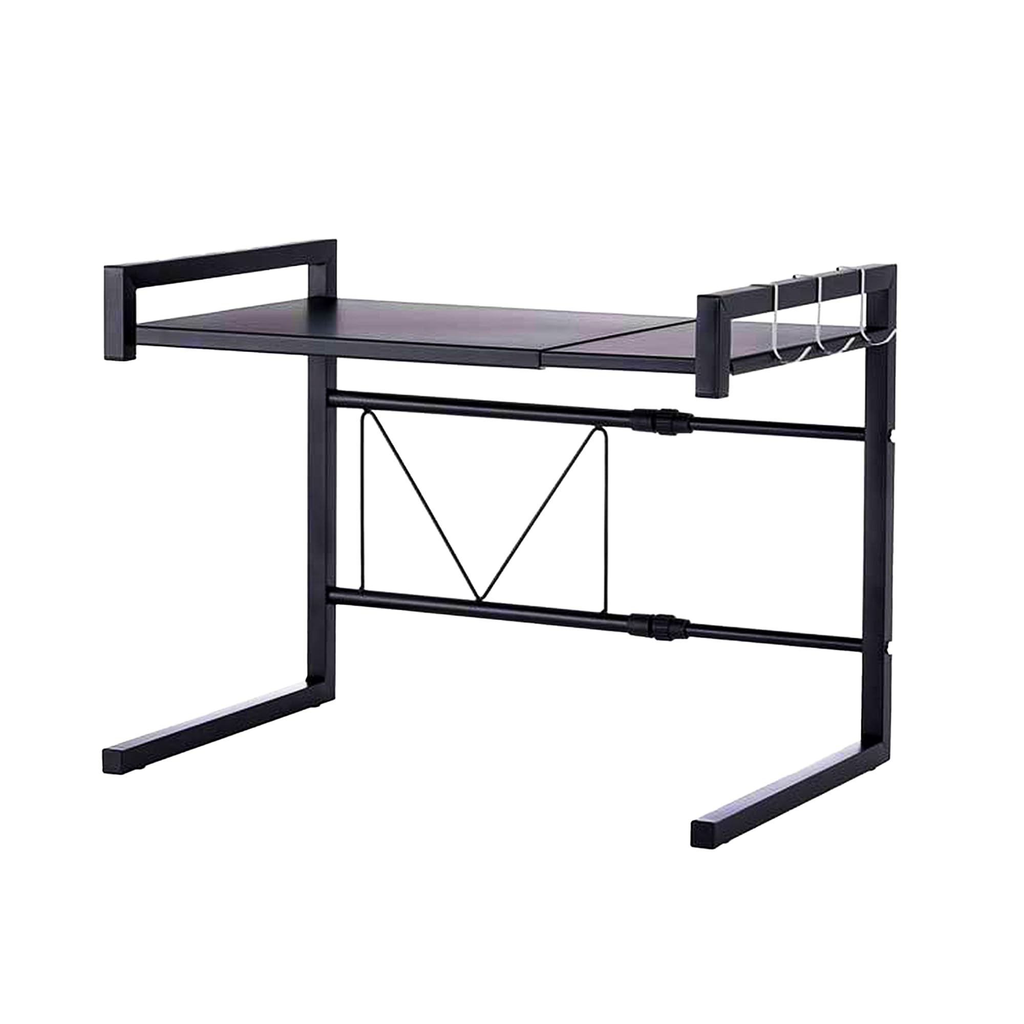 MOMENTA Metal Microwave Oven Rack Shelf Expandable Kitchen Supplies Tableware Storage Counter Space Saver Cabinet Organizer Spice Holder with 3 Hooks, 60lbs Weight Capacity Stainless Steel,Black