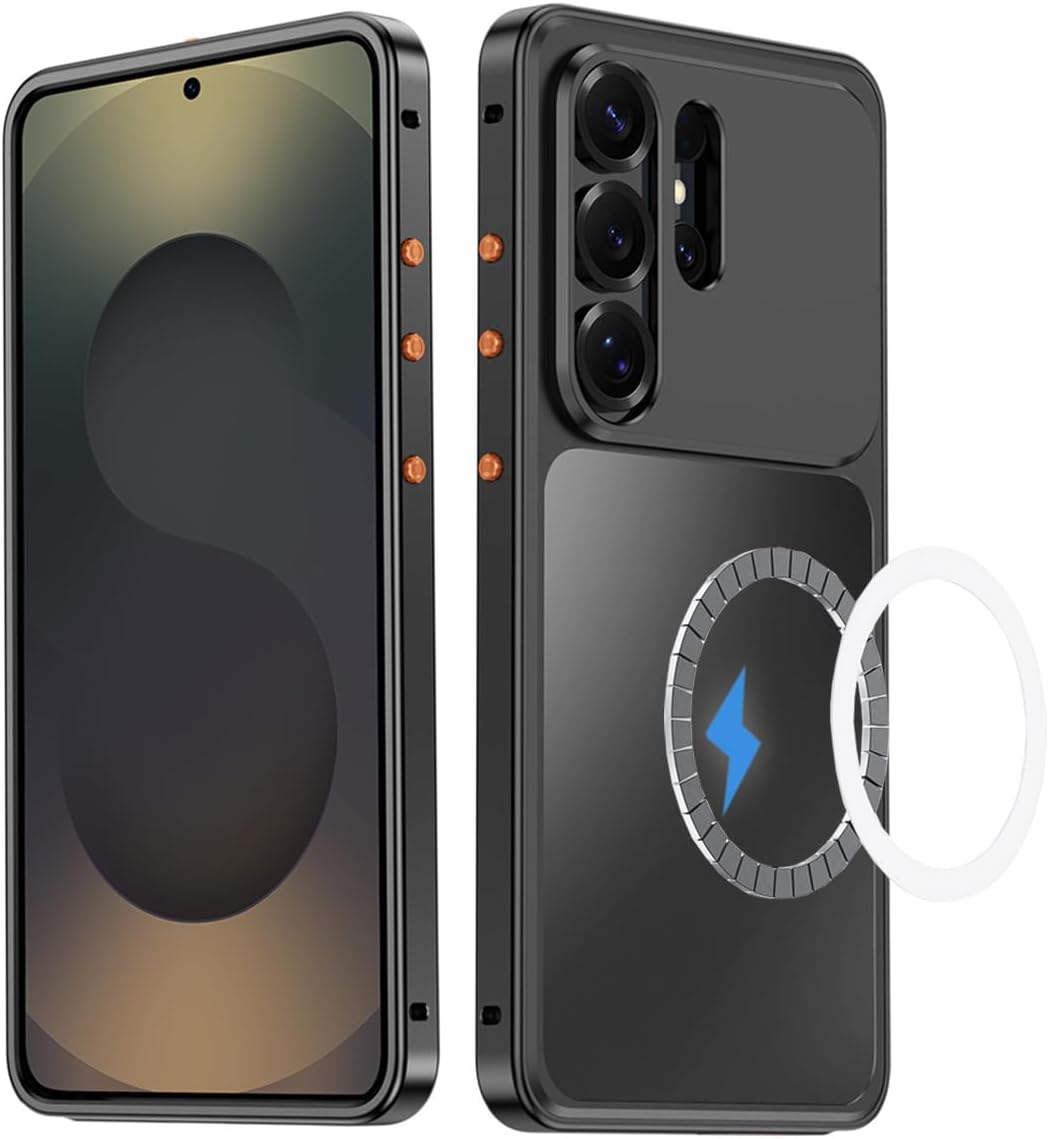 Magnetic for Samsung Galaxy S25 Ultra ケース [MagSafe対応] アルミフレーム・スリムPCバック・オリジナルメタルテクスチャ・軍用規格の耐衝撃ケース, Black