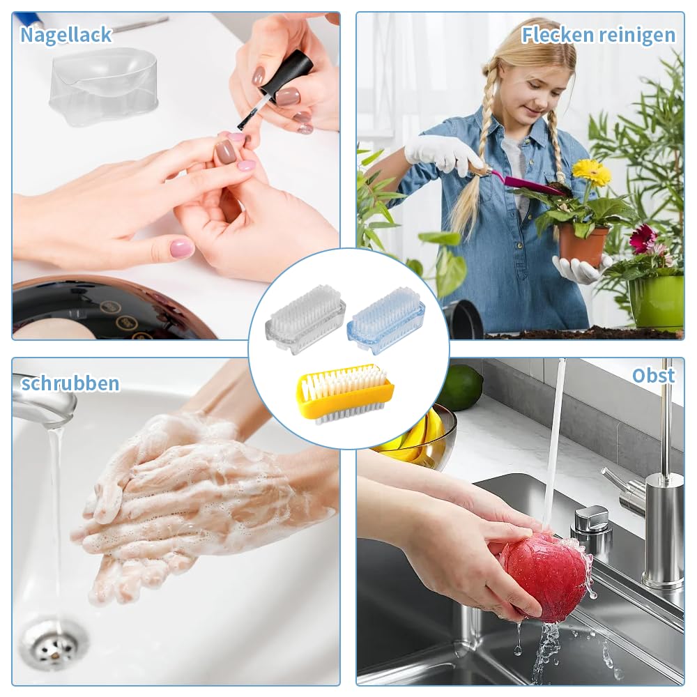 Spazzola per unghie, 3 pezzi, robusta spazzola per il lavaggio a mano, piccola, trasparente, double face, per la pulizia, per unghie a mano, spazzola per piedi, superfici vegetali (3 colori)