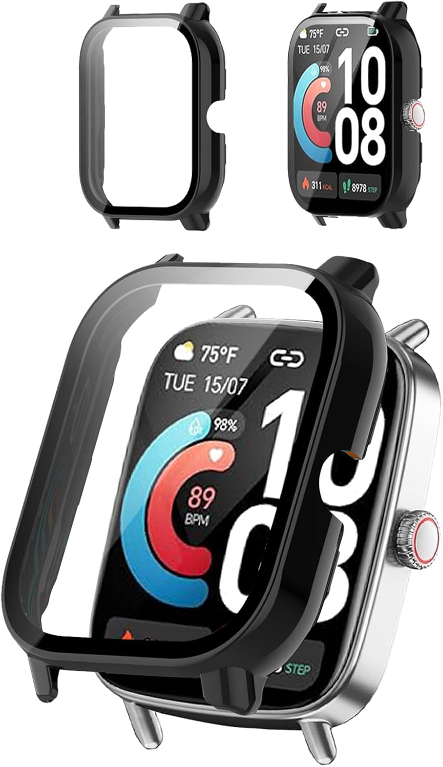 Protective Case Cover Compatible with AEAC 1.85" Smartwatch, Hard PC Shell & 9H Tempered Glass Screen Protector - Shockproof, Full Coverage, Scratch-Resistant (Black)